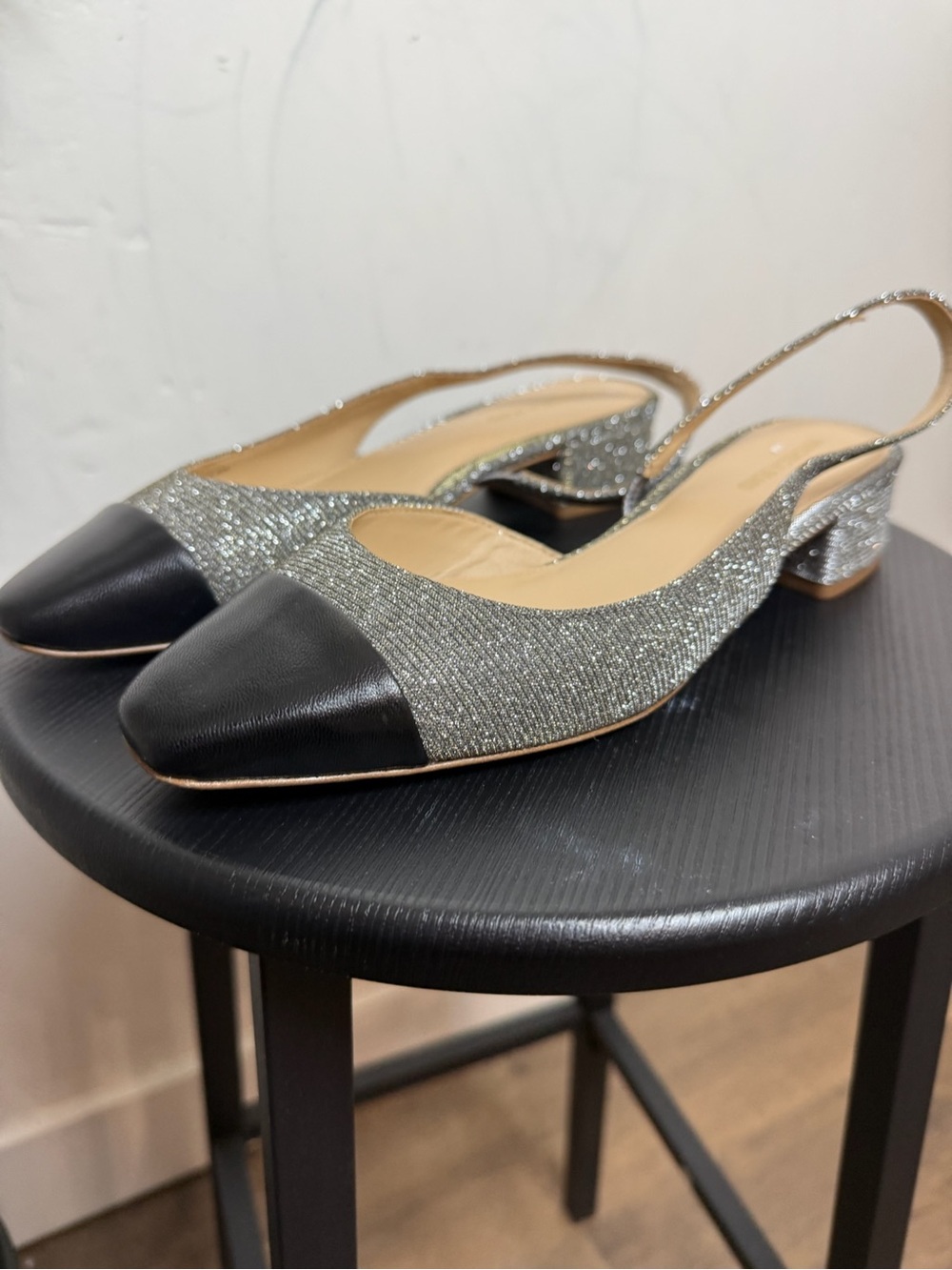 Veronica Beard Silver Glitter Slingback Mules with Black Cap Toe